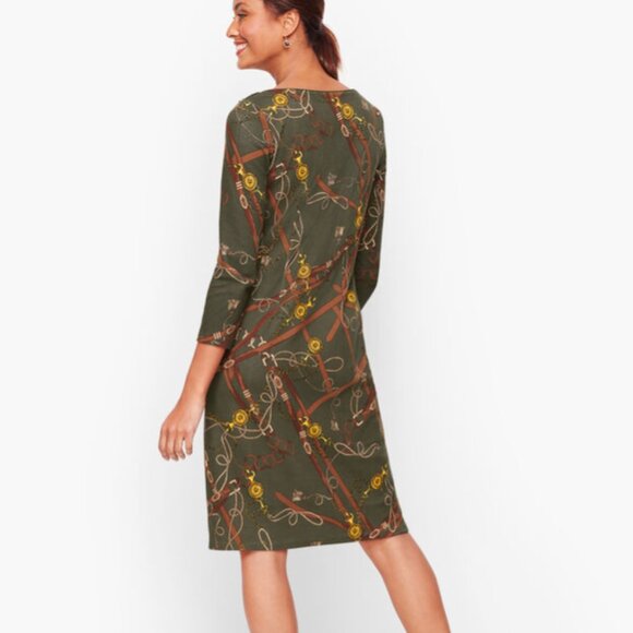 Talbots Olive Green Cotton Equestrian Print Shift Dress Preppy Old Money Sz L - Picture 3 of 7